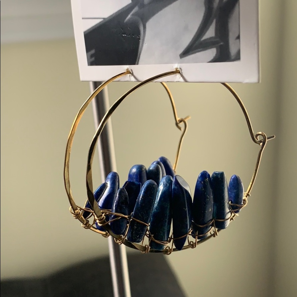 Anthropologie Gold Hoop Earrings with Deep Blue Stone Beads